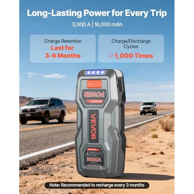 VEVOR Starthilfe Powerbank H18, 3000A Spitzenstrom mit LED-Taschenlampe, für Motoren bis 9L Benzin/7L Diesel, 16000mAh, tragbarer Booster mit Schnellladung und Sicherheitsschutz – Bild 3