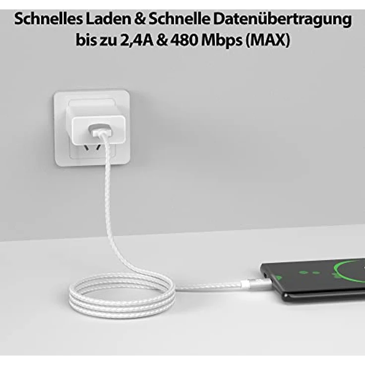 JAMEGA 3m Premium Micro USB Kabel | Nylon geflochtenes Ladekabel mit 2,4A Schnellladung für Android Geräte – Weiß – Bild 2