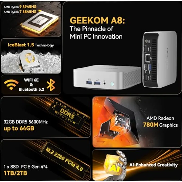 GEEKOM A8 Mini PC, AMD Ryzen 9 8945HS (8 Kerne 16 Threads, bis zu 5,2 GHz) Mini Gaming PC Windows 11 Pro 32 GB DDR5 2TB SSD Mini Computer | AMD Radeon 780M | Wi-Fi 6E | BT5.2 | 8K | AI | – Bild 2