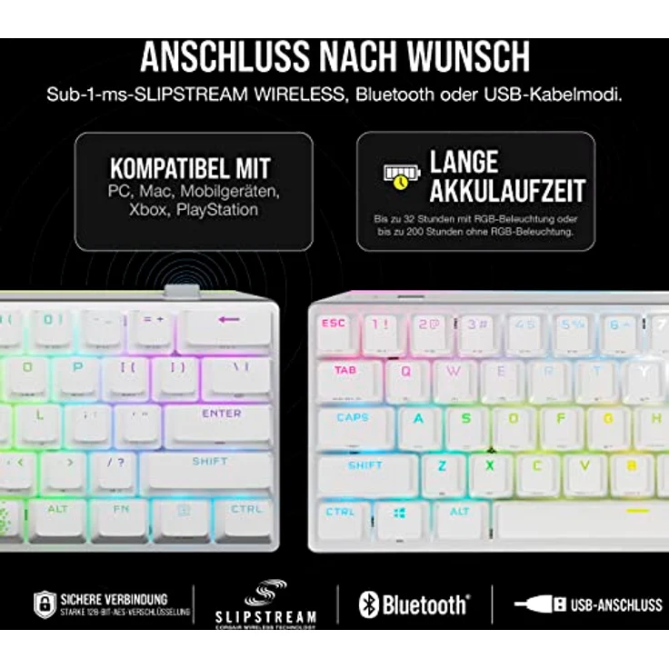 Corsair K70 PRO MINI Wireless RGB 60% Mechanische Gaming-Tastatur (Superschnelles Sub-1-ms-Wireless, Cherry MX Speed-Tastenschalter, PBT-Double-Shot-Tastenkappen) DE Layout, QWERTZ - Weiß – Bild 4