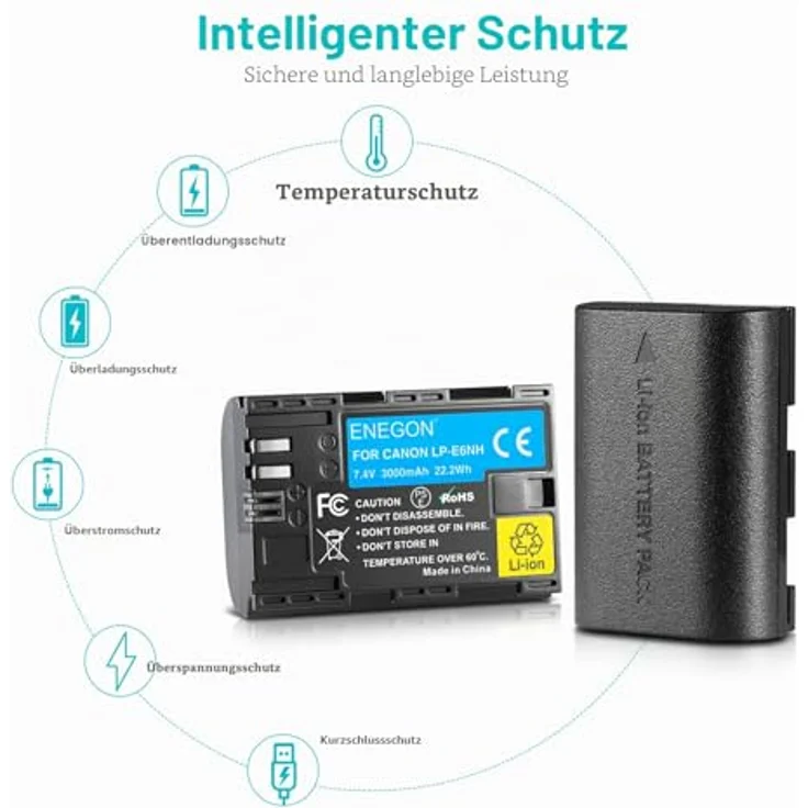 ENEGON LP-E6NH Li-Ion-Akku, 3000 mAh, Ersatzakku für Canon EOS R, R5C, 5D Mark II-IV, 5DS, 6D, 7D, 80D, 70D, XC10, XC15 – Bild 5