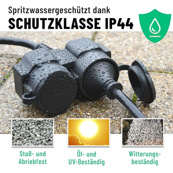 greate 2fach Verlängerungskabel außen 20 Meter - IP44 wasserdicht - 3500W - Schwarz – Bild 3