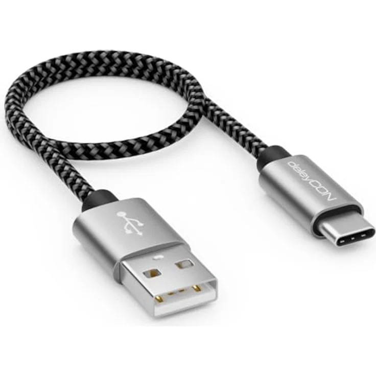 deleyCON 0,30m Nylon USB-C Kabel 30cm Schwarz Kurz Ladekabel Metallstecker Laden & Synchronisieren von Handy & Smartphone – Bild 1
