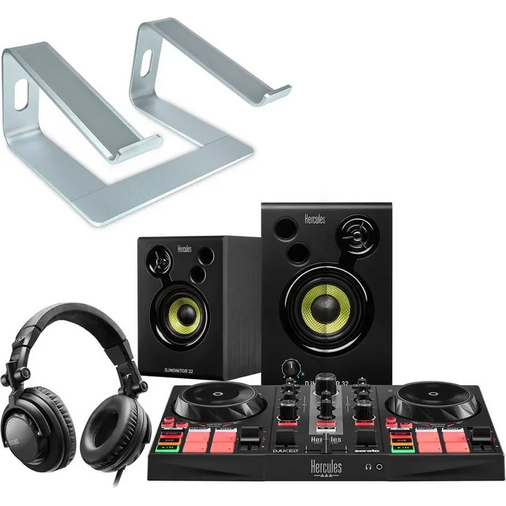 HERCULES DJ Learning Kit MK II, 2-Deck DJ-Controller mit Audio-Interface, Silber, inkl. DJUCED Software, Kopfhörer und Monitor-Boxen