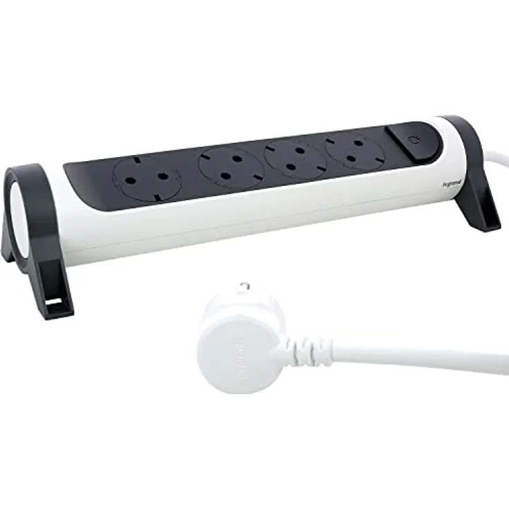 Legrand, Drehbare Steckdosenleiste, 4-fach Steckdose, Mehrfachsteckdose, Wand- oder Tischmontage, LED-Ein/Aus-Schalter, 3m Kabel, Ultraweiß/Dunkelgrau, 694536