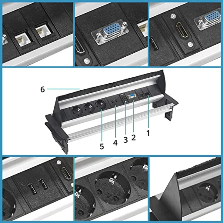 Elbe Inno Versenkbare Tischsteckdose mit 2xUSB, HDMI & VGA-Buchse, 2xRJ45 Netzwerkdose, Kindersicherung, Audiobuchse, 1,5m Kabel, für Büro - EL4403A, Schwarz-Grau – Bild 4