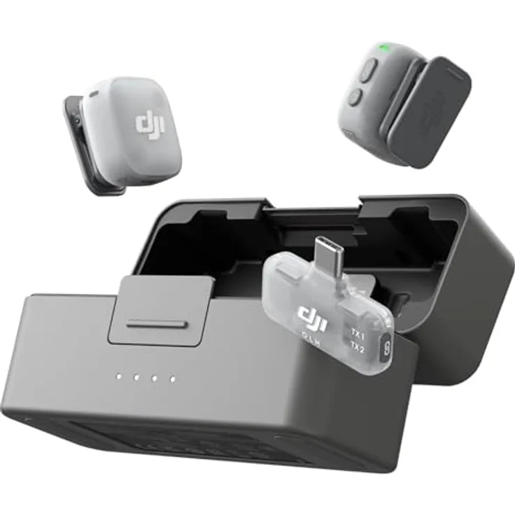 DJI Mic Mini 2, Kompaktes drahtloses Mikrofonset mit 2 TX, 1 Mobile RX, Ladeschale und 48 Stunden Betriebszeit