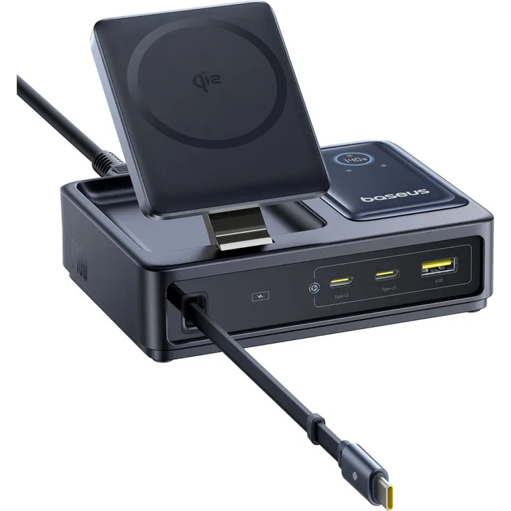 Baseus Nomos 5-in-1 Desktop Charger, 140 W USB Ladegerät mit 15 W kabelloser Schnellaufladung, Schwarz