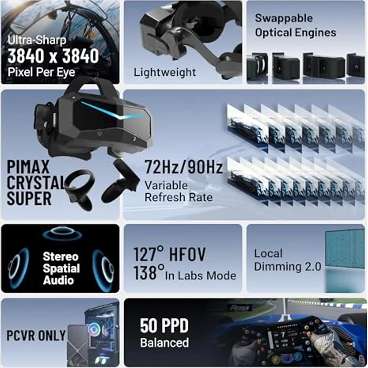 Pimax Crystal Super 50 PPD, VR Brille mit 3840x3840 Auflösung, 120° HFOV, Schwarz – Bild 4