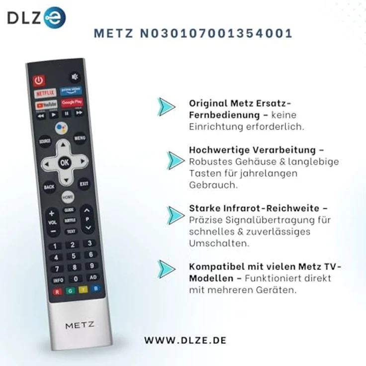 METZ Original Fernbedienung N030107-001354-001, kompatibel mit Metz TV-Modellen wie Caleo, Topas, Aurus, Solea, Cosmo – Bild 2