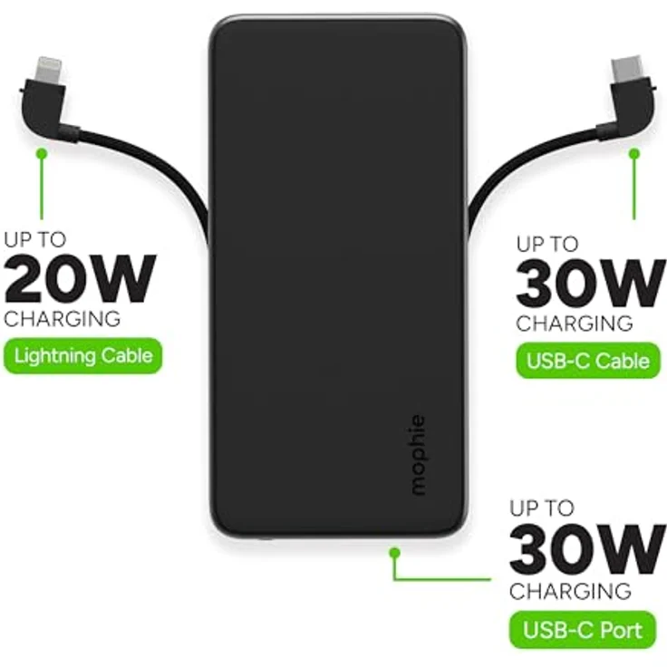 ZAGG mophie Powerstation Plus, 10.000mAh Power Bank mit USB-C & Lightning-Kabel, Schnellladen für 3 Geräte, Schwarz – Bild 4