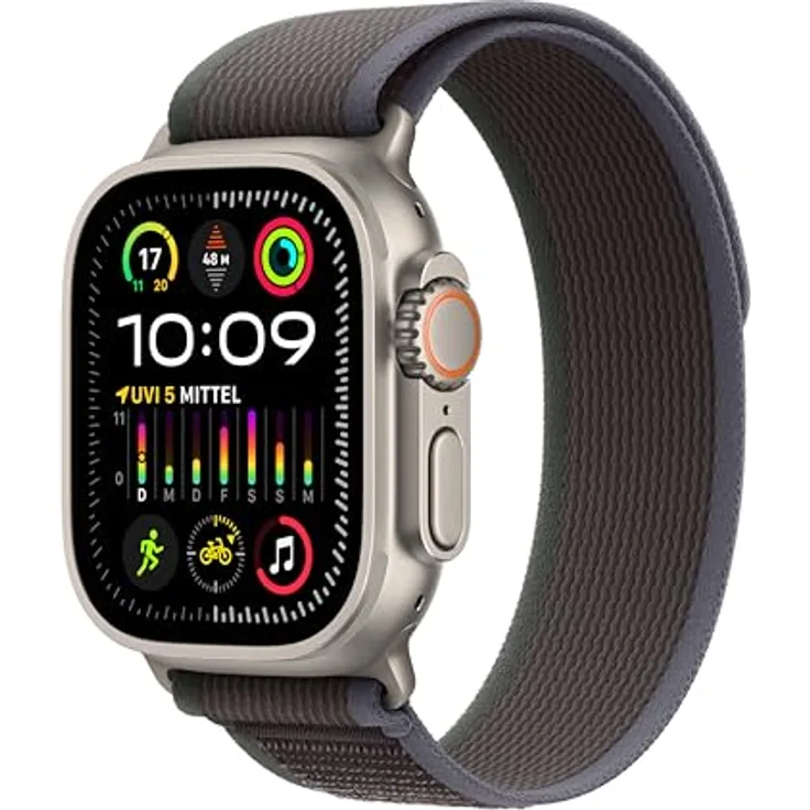 Apple Watch Ultra 2 GPS + Cellular, 49 mm Titangehäuse, Trail Loop Blau/Schwarz – M/L