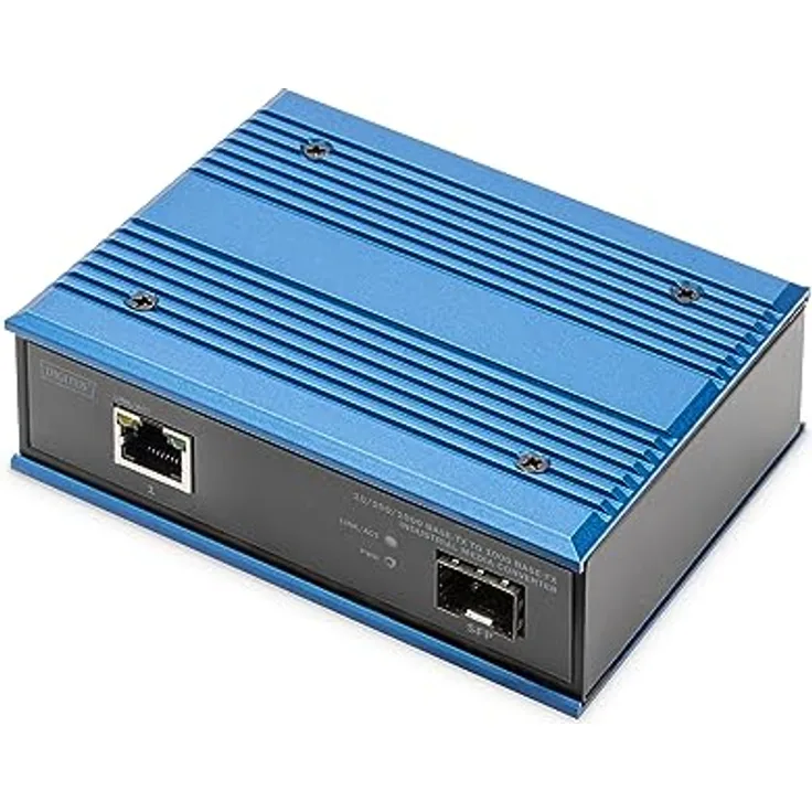 DIGITUS industrieller Gigabit Medienkonverter - 1 RJ45-Port, 1 SFP-Port - 10/100/1000 Mbps - Hutschienenmontage - IP40 Schutzklasse - schwarz,blau