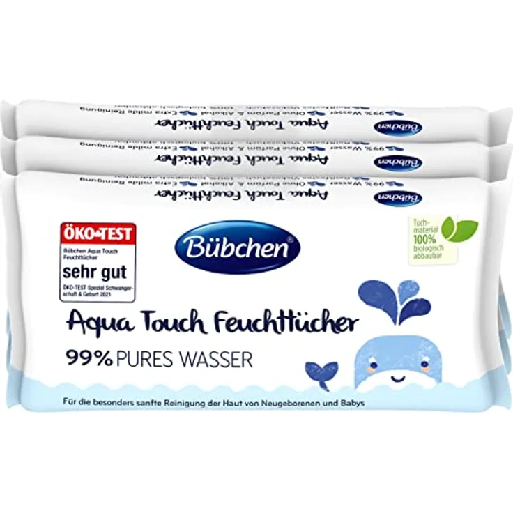 Bübchen Aqua Touch Feuchttücher, 144 Stück (3 x 48) – sensitive Pflegetücher mit 99% purem Wasser, feuchte Tücher für Neugeborene und Babys