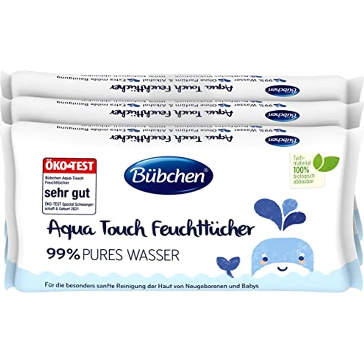 Bübchen Aqua Touch Feuchttücher, 144 Stück (3 x 48) – sensitive Pflegetücher mit 99% purem Wasser, feuchte Tücher für Neugeborene und Babys – Bild 1