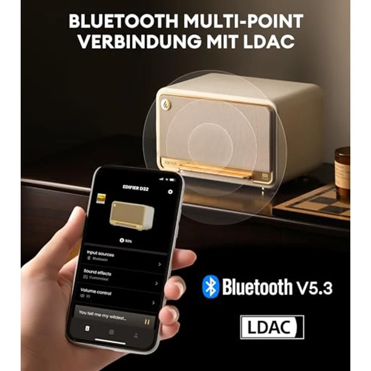 Edifier D32 Wireless Speaker, Hi-Res Audio, Bluetooth V5.3, 60W(RMS), 2.1 Akustik Architektur, 11h Spielzeit, APP Control - Weiß – Bild 4