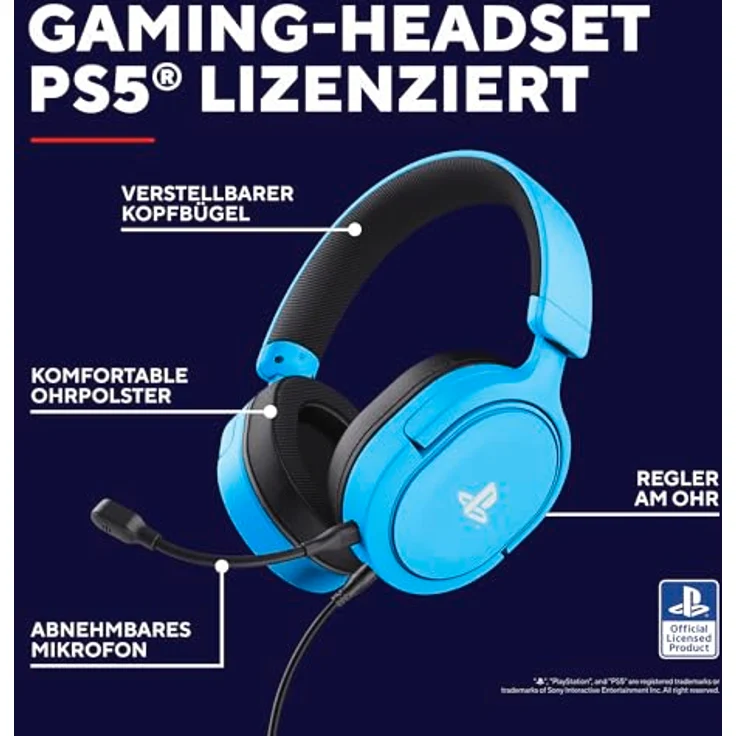 Trust Gaming Headset GXT 498B Forta Offiziell Lizenziert für Playstation 5, PS4 / PS5 Headset, 50mm-Treiber, 3D Audio, Abnehmbares Mikrofon, Verstellbare Over-Ear Kopfhörer, Blau – Bild 2