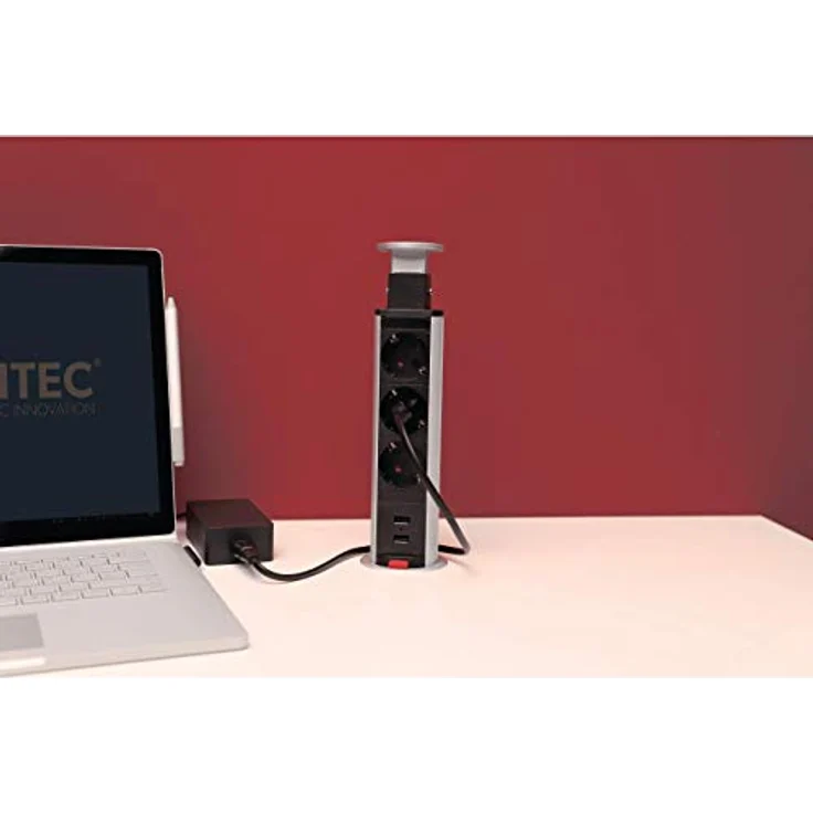 Unitec 30885 Versenkbare Steckdosenleiste vertikal | 2 USB Ladebuchsen | 3 Steckdosen | Befestigungsring | Anschlussleitung und Netzstecker – Bild 2