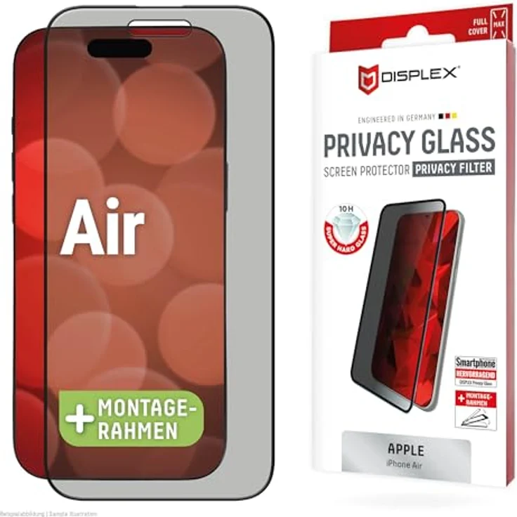 Displex Privacy Schutzglas (10H) für iPhone Air, Full Cover mit Montagerahmen und effektiver Blickschutz – Bild 1