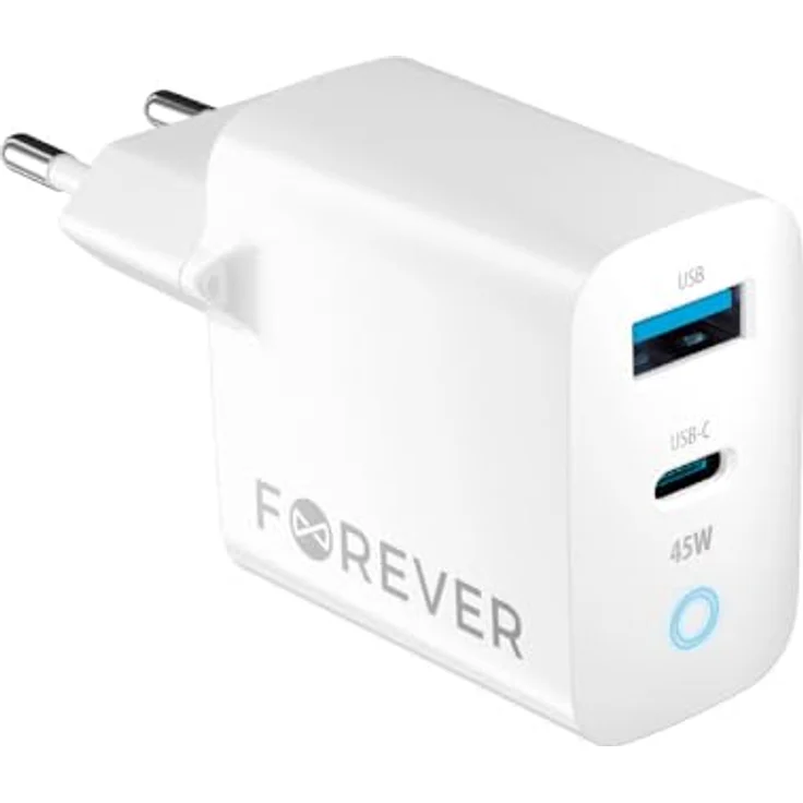 Forever GaN PD QC TC-06, Schnell Ladegerät mit 1X USB, 1X USB-C, 45W, kompatibel mit iPhone, Xiaomi, Huawei, Samsung, hohe Qualität und vielseitige Nutzung – Bild 1