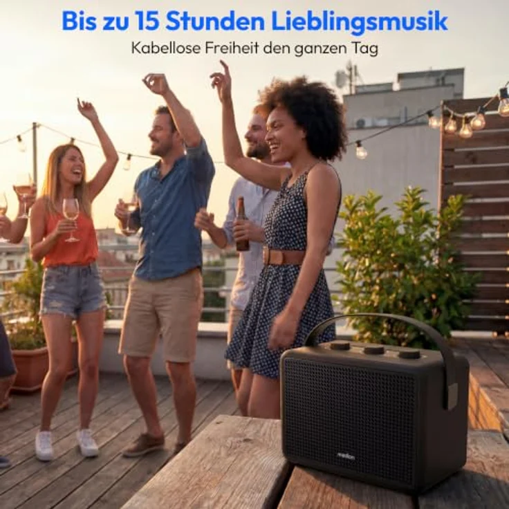 MEDION BXO-1 Bluetooth Lautsprecher, kraftvoller Sound im Retro-Design, 15 Stunden Akkulaufzeit, Bluetooth 5.3, IPX4, USB-C, schwarz – Bild 4
