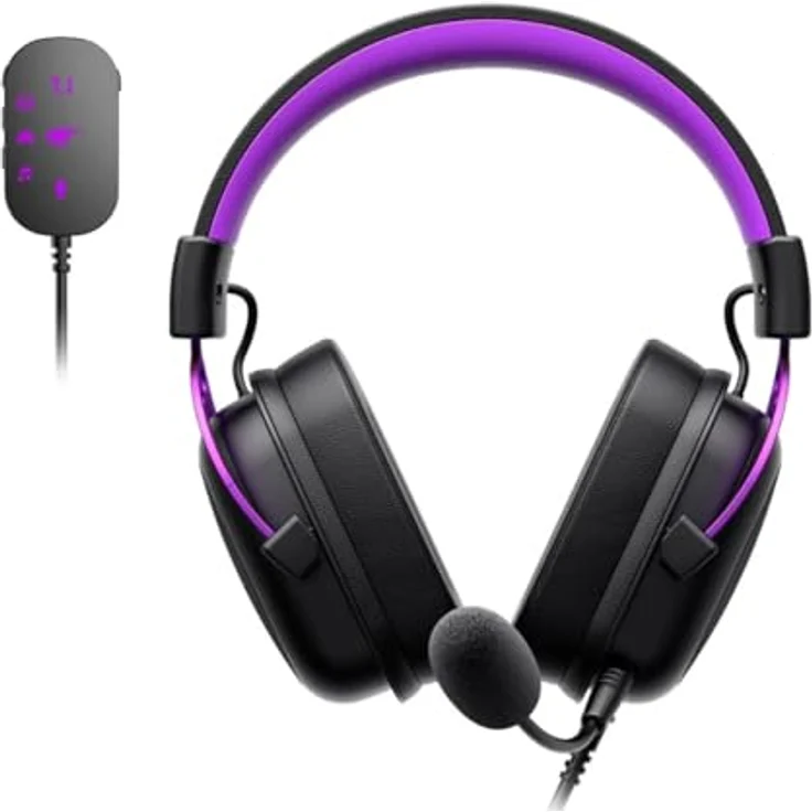 Havit H2002C+U, Kabelgebundenes Gaming Headset mit 53 mm Treibern, virtueller 7.1 USB-Soundkarte, abnehmbaren Mikrofon, Schwarz und Violett – Bild 3