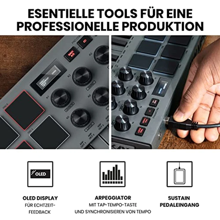 AKAI Pro Professional MPK Mini MK3 – 25-Tasten USB MIDI Keyboard Controller, 8 hintergrundbeleuchtete Drum Pads, 8 Regler und Software, Farbe Grau – Bild 4