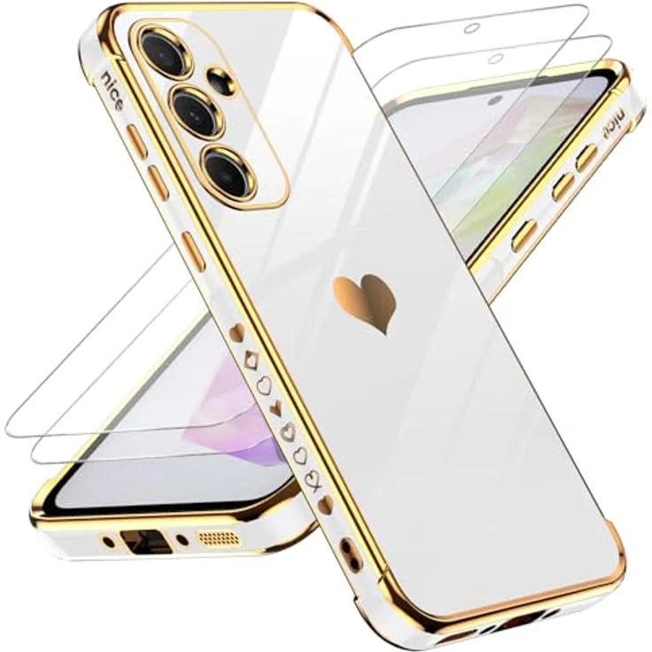 LeYi Hülle für Samsung Galaxy A55 5G, Cute Herz Muster TPU Silikon, Weiß, stoßfest mit 2 Schutzfolien und Kameraschutz – Bild 1