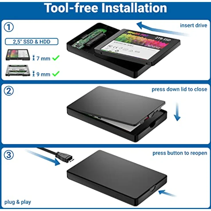deleyCON Festplattengehäuse 2,5“ Zoll SATA 3 HDD/SSD Externes Gehäuse UASP Schwarz, ultra schlankes Design, 5 Gbit/s Datentransfer – Bild 4