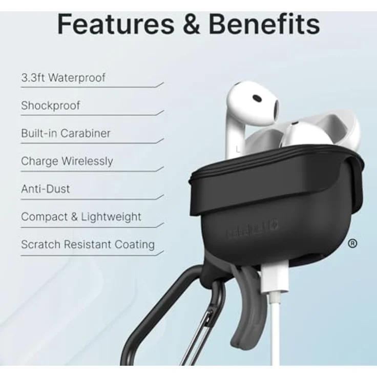 Catalyst Wasserdichtes Case für Apple AirPods, IP-67 zertifizierte Schutzhülle mit Karabiner, Schwarz – Bild 2