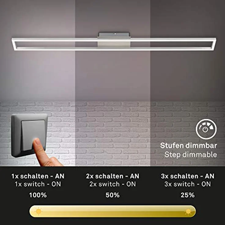 BRILONER - LED Deckenleuchte, Deckenlampe dimmbar, inkl. Memoryfunktion, 18 Watt, 1.900 Lumen, 3.000 Kelvin, Matt-Nickel-Alu, 1.100x120x50mm (LxBxH), 3094-012 – Bild 3