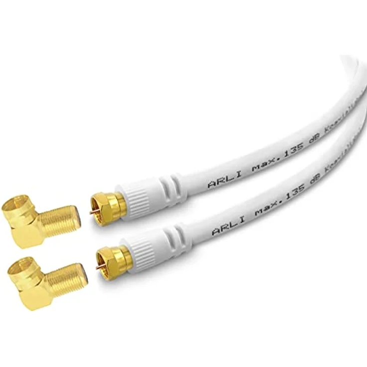 ARLI 1m HD Sat Doppel Winkel Anschlusskabel, max. 135 dB 5-fach geschirmt, vergoldete F-Stecker & Winkeladapter, für DVB-S2 DVB-T2 4K 8K HDTV, weiß – Bild 1
