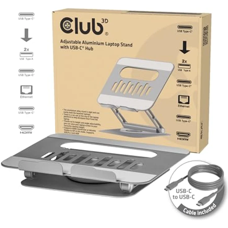 Club3D CSV-2554, Verstellbarer Aluminium-Laptop-Ständer mit USB-C® Hub und 360° Drehung, silber – Bild 2