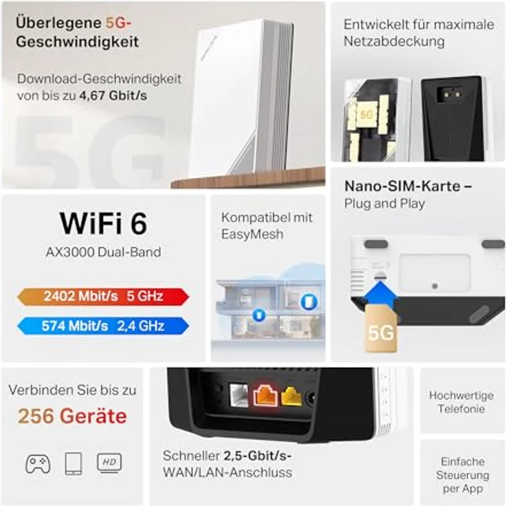 MERCUSYS MB520-5G LTE Router, 5G bis zu 4,67 Gbit/s, AX3000 Dualband Wi-Fi 6, 1 × 2,5G-Port, 1 × Gigabit-Port, VoLTE, EasyMesh, VPN Server, Plug & Play – Bild 3
