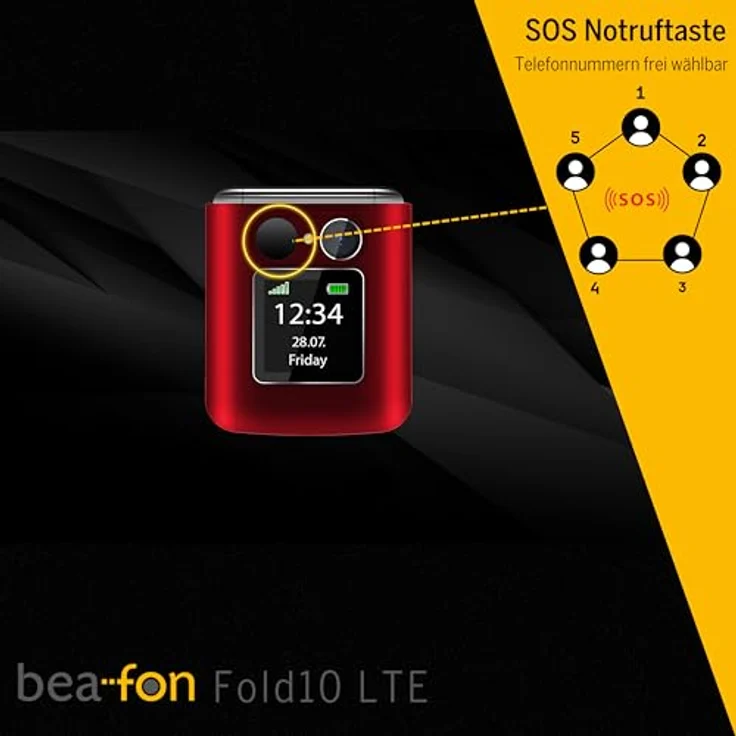 Beafon Fold10 LTE Klapphandy, SOS Notruftaste, XL Farbinnendisplay 2,2" (5,58cm), XL Farbaußendisplay 1,44" (3,65cm), Fotokontaktanzeige, Kamera, Lichtsignal, Tischladeschale, rot – Bild 3
