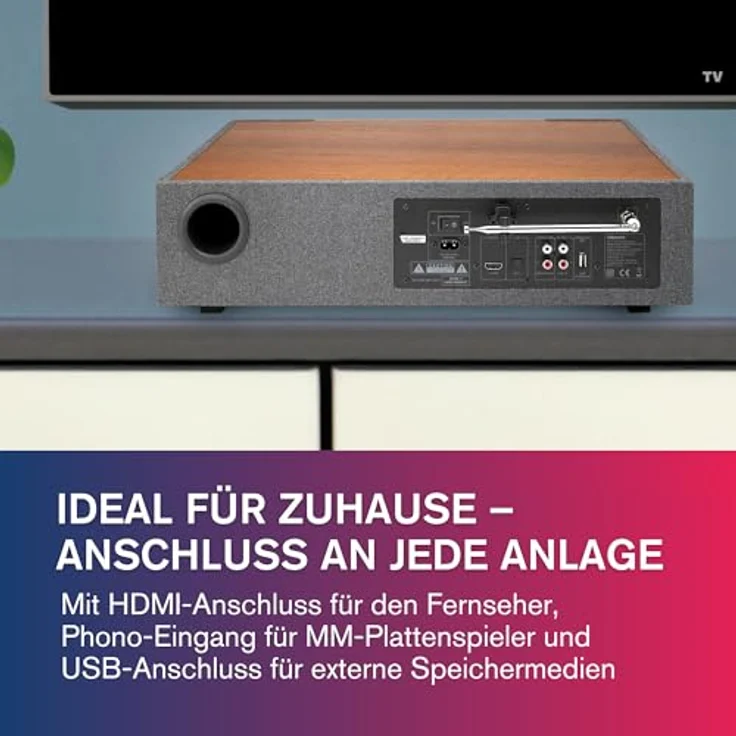 Albrecht DR 1000 All-In-One Soundsystem, 2.1 Soundbar mit 30 Watt Subwoofer, Clear-Voice, Internet-Radio, DAB+, CD-Player, Musik-Streaming, HDMI, braun/grau – Bild 4