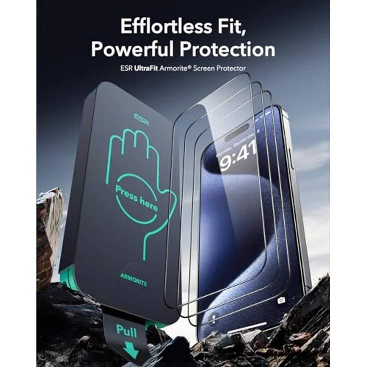 ESR Armorite Displayschutzfolie für iPhone 15 Pro Max, gehärtetes Glas, 3 Stück, blasen- und staubfrei, militärischer Schutz nach MIL-STD-810H mit UltraFit Montagehilfe – Bild 2