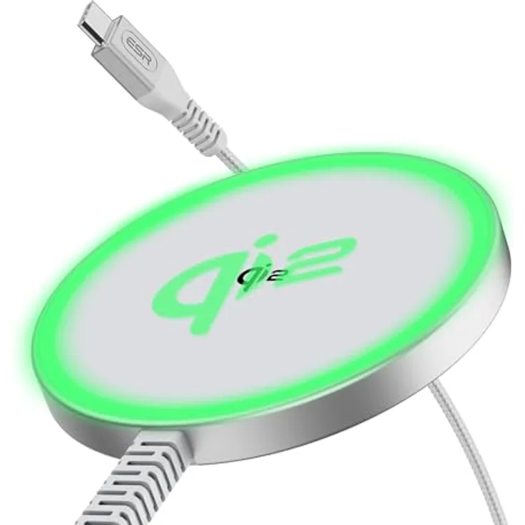 ESR Qi2 15W Magsafe Ladegerät, Wireless Charger für Apple, Kabelloses Ladepad für iPhone 16/16 Plus/16 Pro/16 Pro Max/15/14/13 Serie, Airpods 4, Magnetisches Ladepad mit A/C-Kabel, Silber
