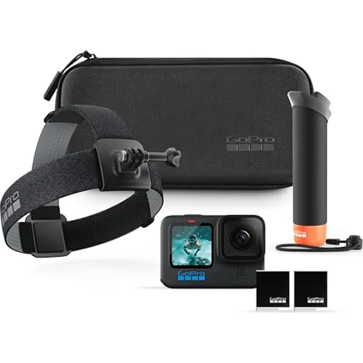 GoPro HERO12-Zubehörpaket – enthält die HERO12 Black-Kamera, den Handler (schwebender Handgriff), den Kopfgurt 2.0, den wiederaufladbaren Enduro-Akku (insgesamt 2) und die Tragetasche