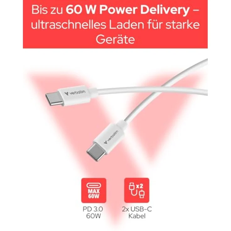 Verbatim Essentials USB-C Kabel, 2er Pack, 1,0m, USB 2.0, 480Mbit/s, 60W PD, Schwarz und Weiß – Bild 2