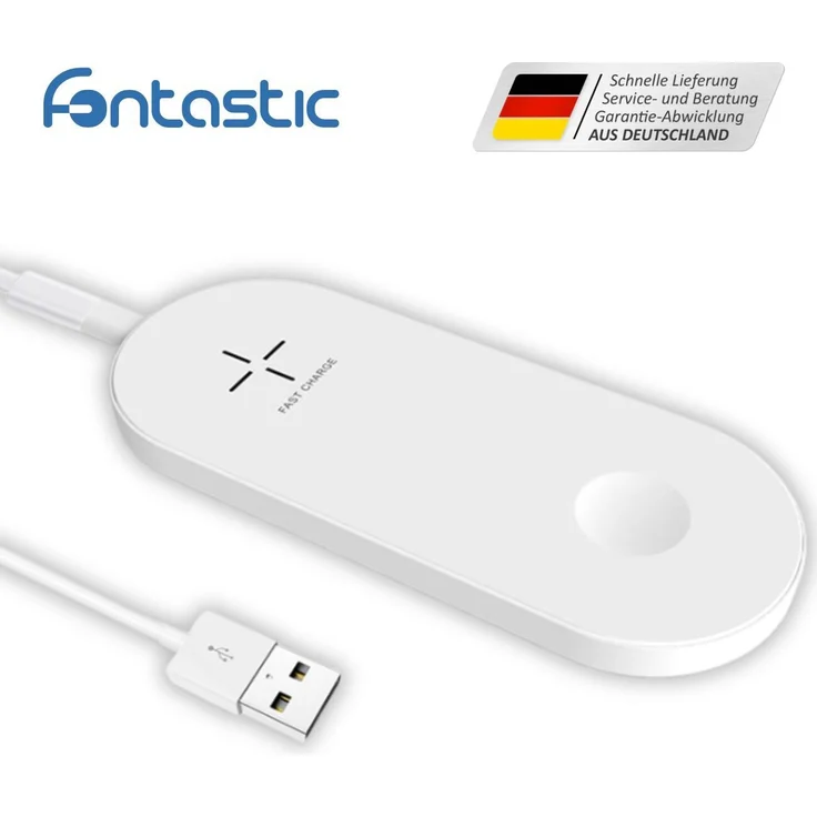Fontastic Prime Induktive Dual-Ladestation Widu, Schnelles Qi-Ladegerät für Smartphone und Apple Watch, weiss