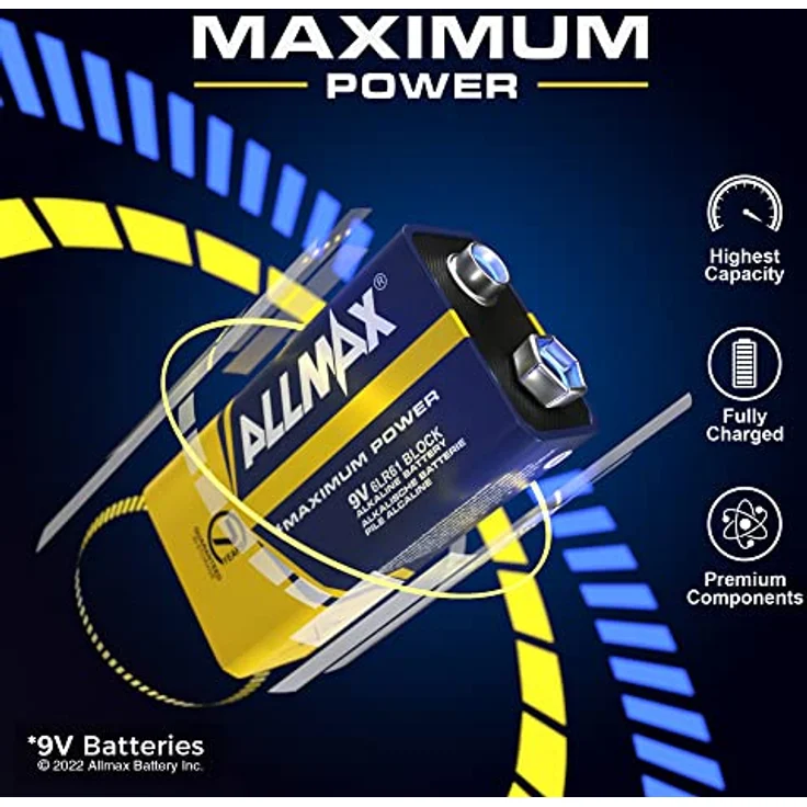 Allmax 9V Maximum Power Alkaline-Batterien (12 Stück) - Ultra-langlebig, 7 Jahre Haltbarkeit, auslaufsicheres Design - perfekt für Rauchmelder und kabellose Mikrofone (9 Volt) – Bild 2
