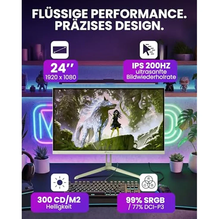 Arozzi Nova 24" Gaming Monitor, IPS 200Hz, Full HD 1080p, Adaptive Sync, HDR10, flimmerfrei, 99% sRGB, waldgrün – Bild 2
