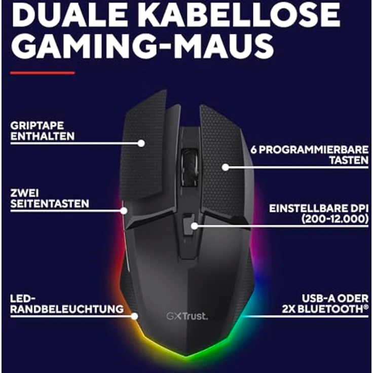 Trust Gaming GXTrust 122 Felox+ Kabellose Gaming Maus mit 12K DPI, Bluetooth und 2.4GHz, 40 Std. Akkulaufzeit, LED Beleuchtung, 6 Tasten, USB-A Empfänger, Schwarz – Bild 2