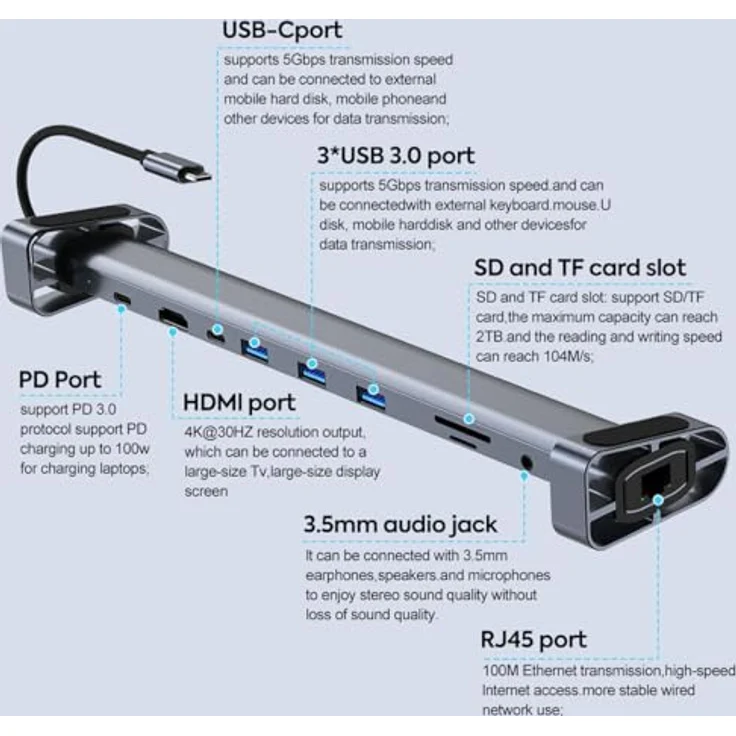 H36CS 11 in1 USB C Docking Station Halterung USB C Adapter mit 4K HDMI, 3 USB 3.0, USB Typ C Stromversorgung, PD Laden, SD/TF Kartenleser, Ethernet, 3,5 mm Audio Buchse kompatibel mit MacBook Pro/Air – Bild 5