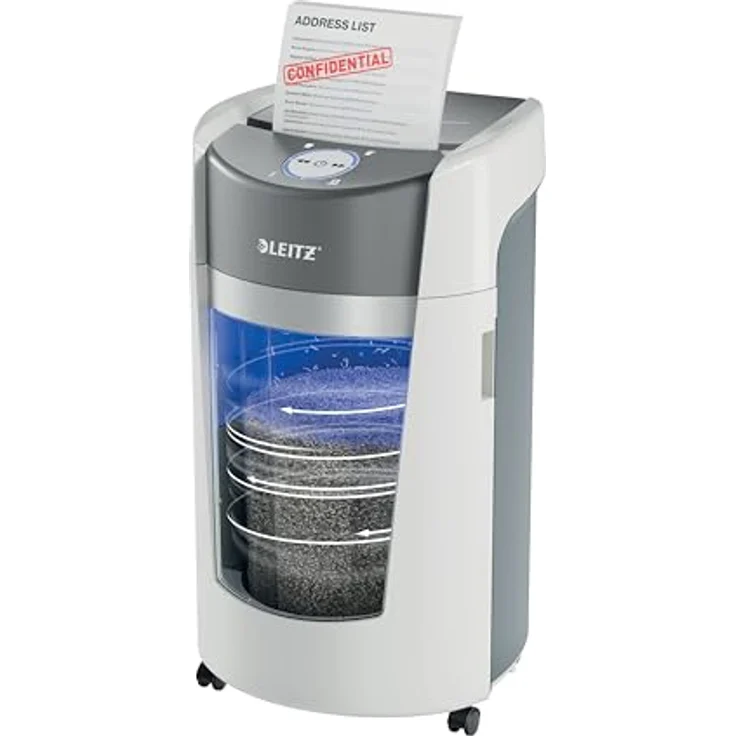 Leitz IQ OptiMax Office P5 Aktenvernichter mit Mikroschnitt, extrem leise, 35 Liter Behälter, Weiß – Bild 1