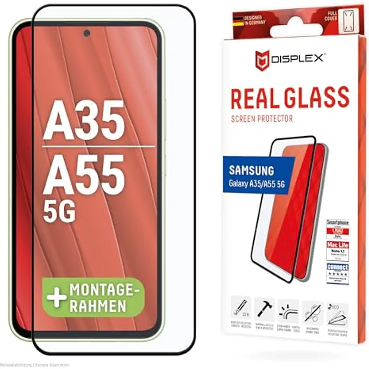 Displex Schutzglas für Samsung Galaxy A35/A55 5G, Montagerahmen, kratzer-resistente Schutzfolie, hüllenfreundlich (Real Glass Full Cover)