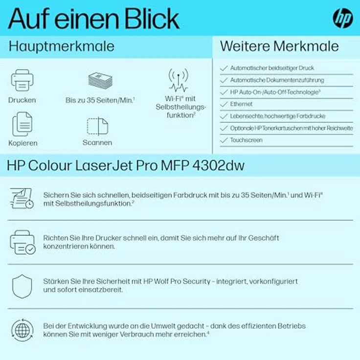 HP Color Laserjet Pro MFP 4302dw Multifunktions-Laserdrucker, Drucker, Kopierer, Scanner, Duplex-Druck, Bluetooth, WLAN, LAN, Ethernet, Airprint, für bis zu 10 Benutzern, Instant Ink verfügbar – Bild 3