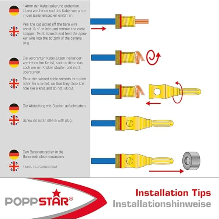 Poppstar 10x High End Bananenstecker, Bananas für Lautsprecherkabel (bis 6 mm²), Lautsprecher, AV Receiver, 24k vergoldete Kontakte (5x schwarz, 5x rot) – Bild 5