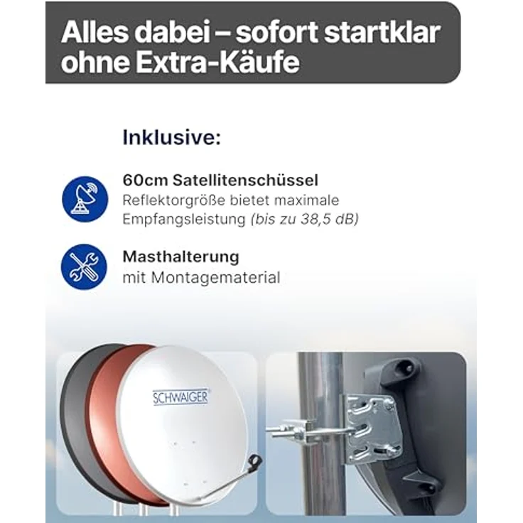 SCHWAIGER Satellitenschüssel Ø 55 cm, anthrazit, Stahl Offset Antenne mit 35,2 dB Empfangsleistung, wetterfest, Multifeed geeignet, LNB Tragarm & Masthalterung – Bild 3